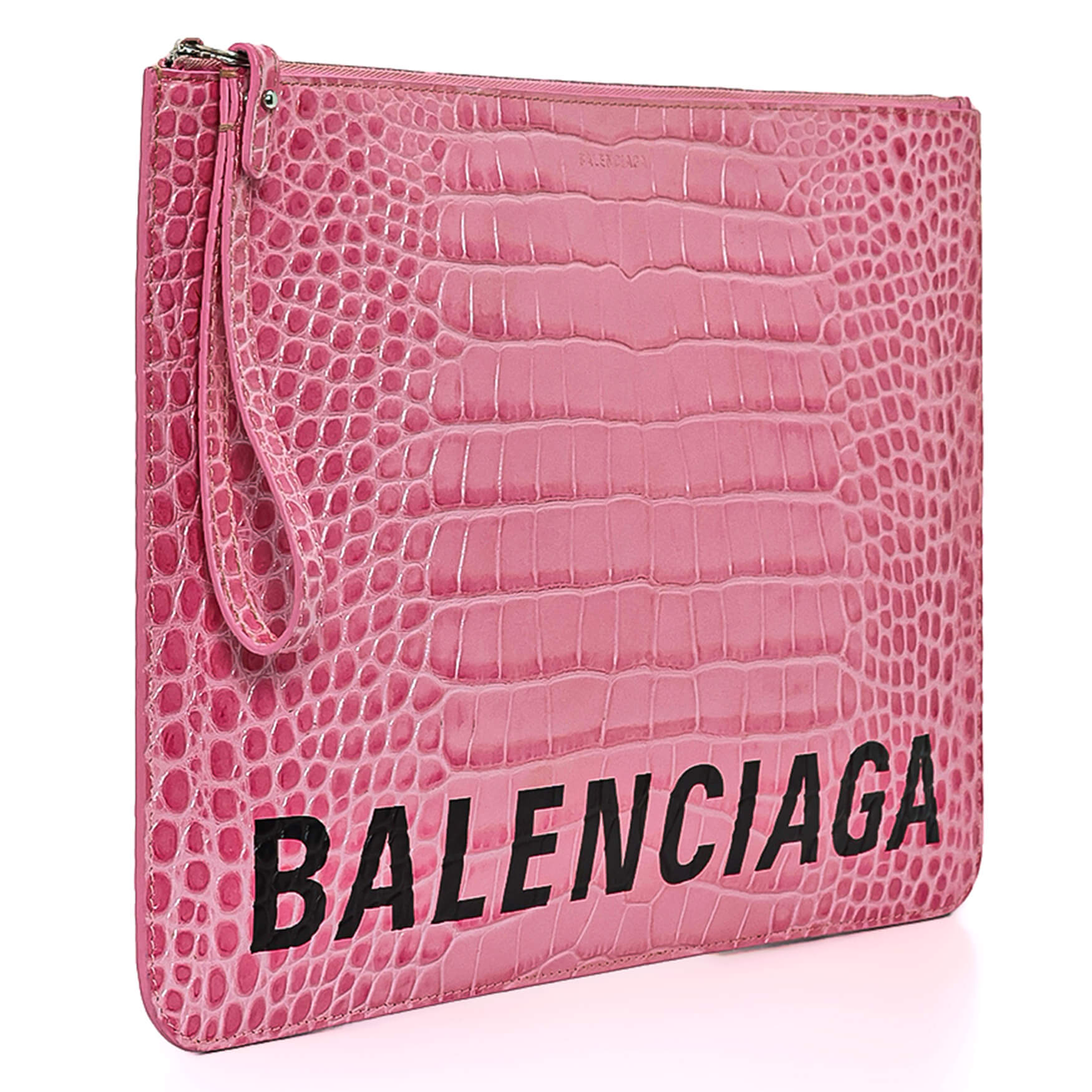 Balenciaga - Pink Croco Leather Balenciaga Logo Clutch